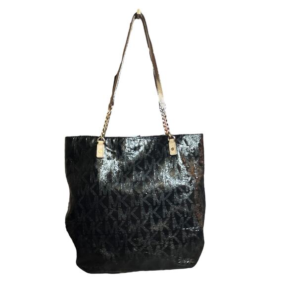 Michael Kors Jet Set Chain Tote Bag Black MK Patent Leather Shoulder Purse - Picture 1 of 13